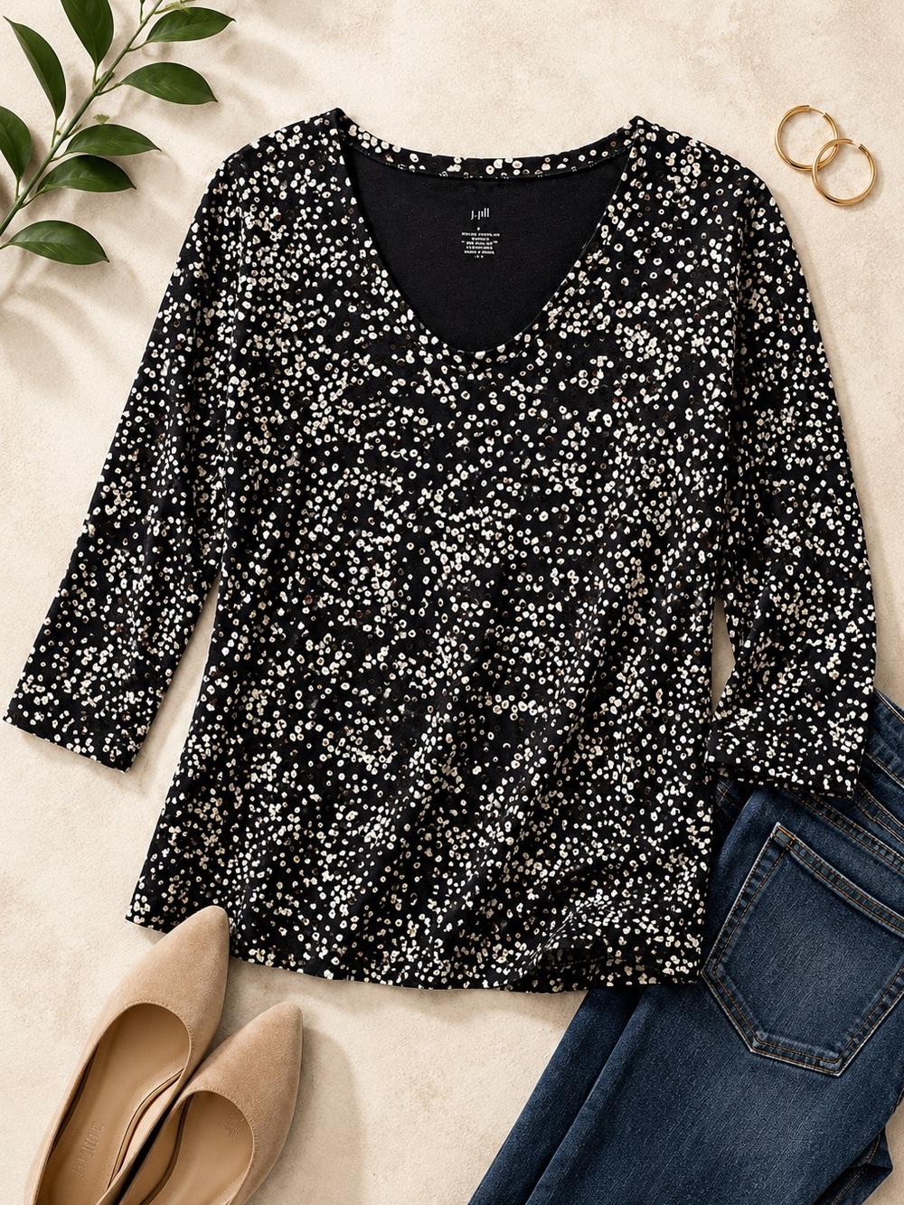 J.Jill Black & White Polka Dot V-Neck 3/4 Sleeve Tunic Top Size Large